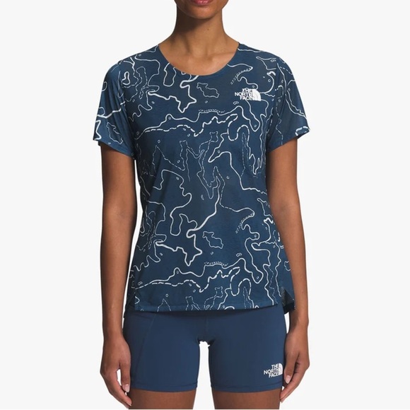 The North Face Women's Medium Sunriser Blue Map Trail Print Short Sleeve T-Shirt - Picture 1 of 13